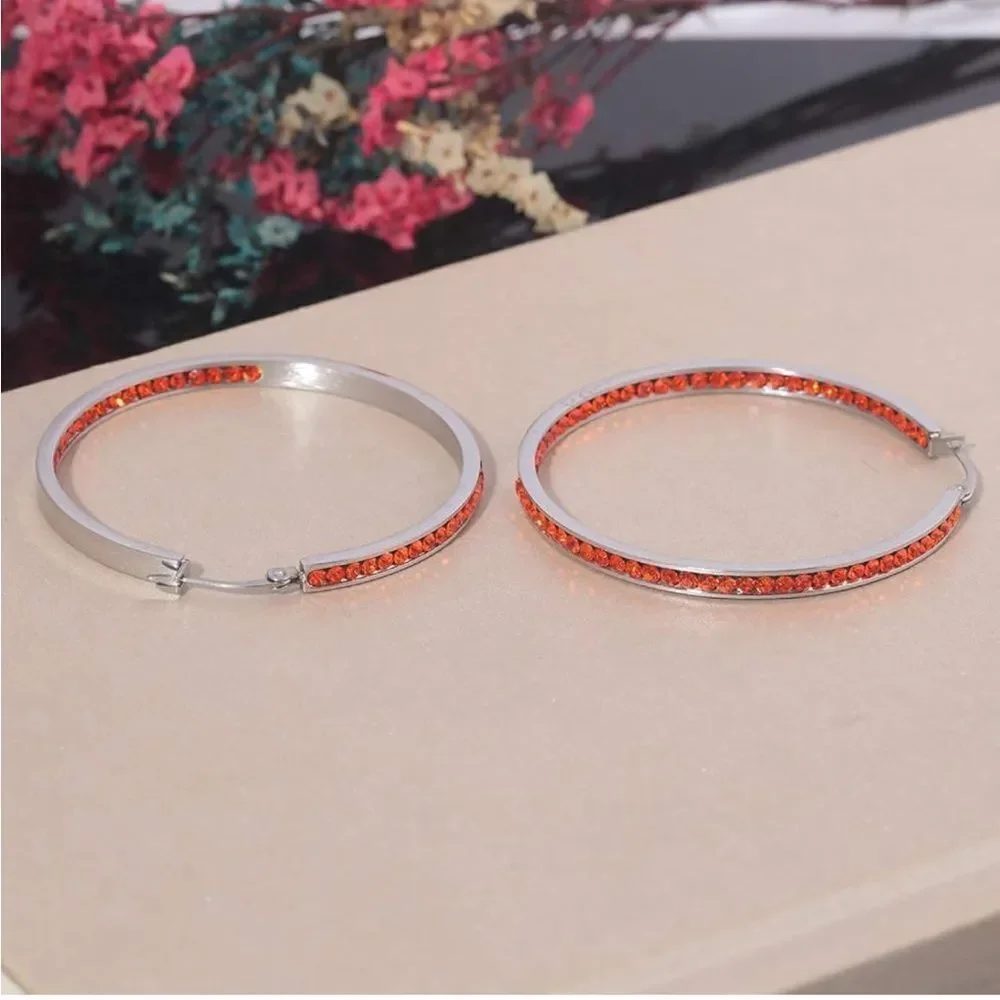 14K White Gold with Ruby Red Cubic Zirconia Big Hoop Latch Back Earrings